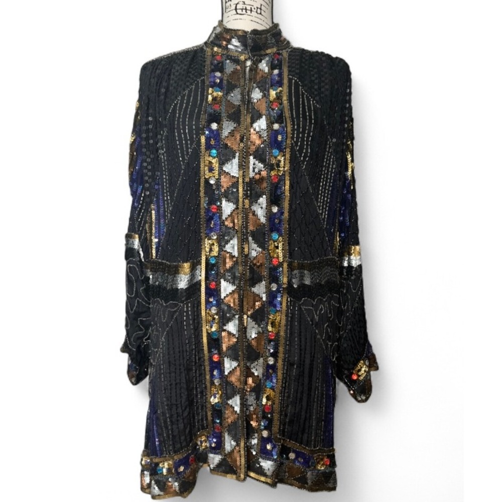 Agustres Impressions Sequin Beaded Embellished‎ Jacket Art Deco Style Coat XL